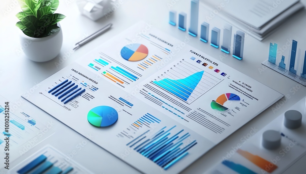 Aufkleber Isometric view of a business data report, isolated on white, modern and sleek design, visualizing charts and business metrics