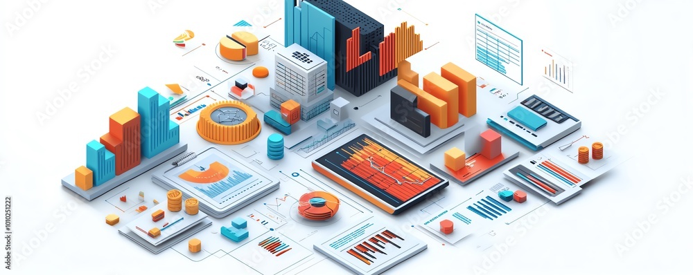Poster isometric view of a business data presentation, isolated on white background, detailed with charts, 