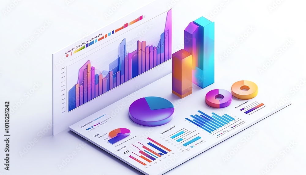 Poster Isometric view of a business data report, isolated on white, modern and sleek design, visualizing charts and business metrics