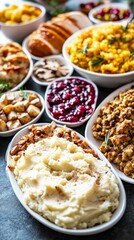 Fototapeta premium Delicious thanksgiving feast with turkey, mashed potatoes, stuffing, and cranberry sauce