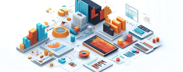 Isometric view of a business data presentation, isolated on white background, detailed with charts, graphs, and professional elements