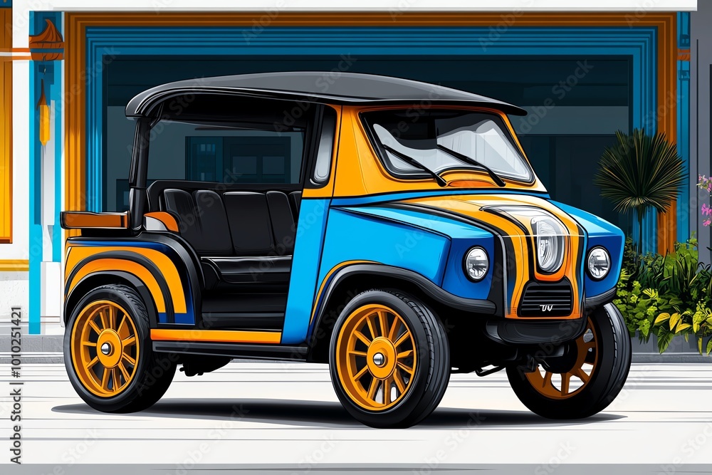 Poster minimalist illustration of a tuk tuk, using clean lines and vibrant colors to capture the iconic sha