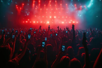 Obraz premium Energetic concert scene with a crowd holding smartphones illuminated by vibrant stage lights in dynamic colors.