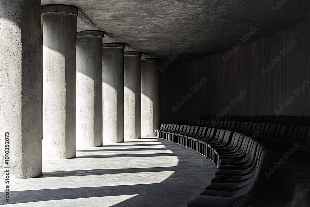 Sticker Modern concrete architecture with columns and rows of seats in a minimalist design