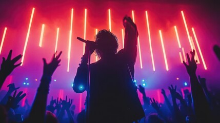 Fototapeta premium Energetic concert scene with a performer on stage, colorful lights, and excited fans raising their hands in celebration.