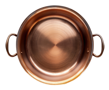Empty copper frying pan isolated on transparent background, top view