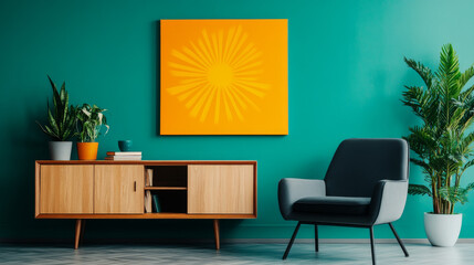 Fototapeta premium A teal living room with a mid-century modern armchair, wooden cabinet, and potted plants.