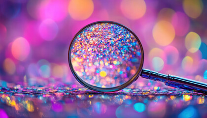 Close-up of a magnifying glass focusing on vibrant, colorful glitter with a bokeh background,...