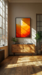 A wooden cabinet with an abstract painting on the wall in a modern living room.