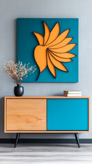 Modern abstract art above a cabinet with teal and wood doors.