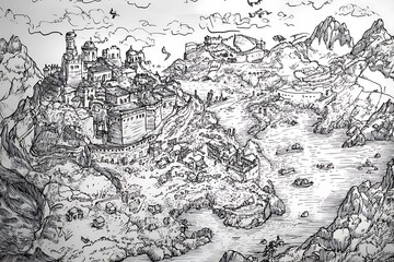 Obraz premium Fantasy Hand Drawn Map, Medieval City on Cliff by Ocean