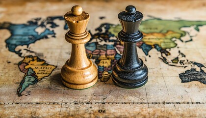 Fototapeta premium World map with two chess pieces illustrating geopolitical strategy and movement between countries, visualizing international discussions and interactions
