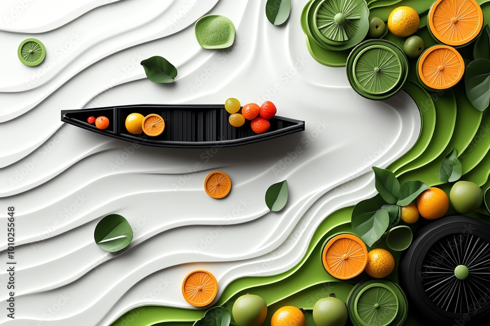 Poster minimalist illustration of a single boat at the floating market, with clean lines and vibrant fruit 