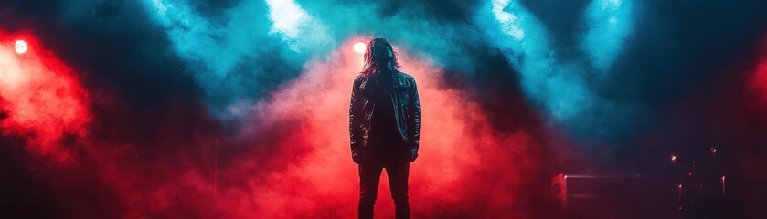 Fototapeta premium Silhouette of a musician on stage with vibrant blue and red lights creating a dramatic atmosphere for a live performance.