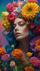 Fototapeta premium Colorful portrait of person with flower headpiece and multicolored makeup