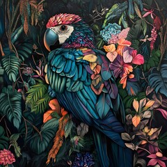 Obraz premium Vibrant Macaw in Lush Tropical Jungle - A Detailed Painting