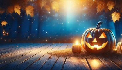 ハロウィン、ジャックオランタン、かぼちゃランタン、キャンドル、秋、夜、幻想的、森、ライトアップ、落ち葉、カボチャ、木のテーブル、温かい光、暗闇、ホリデー、ファンタジー、星明かり、屋外