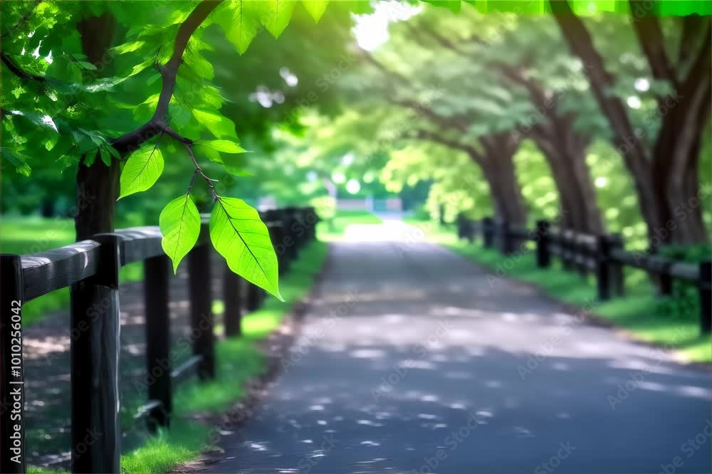 Poster a peaceful forest path with sunlight filtering through lush green leaves, creating a tranquil and se