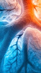 Close-up view of human lung tissue with orange and blue lighting