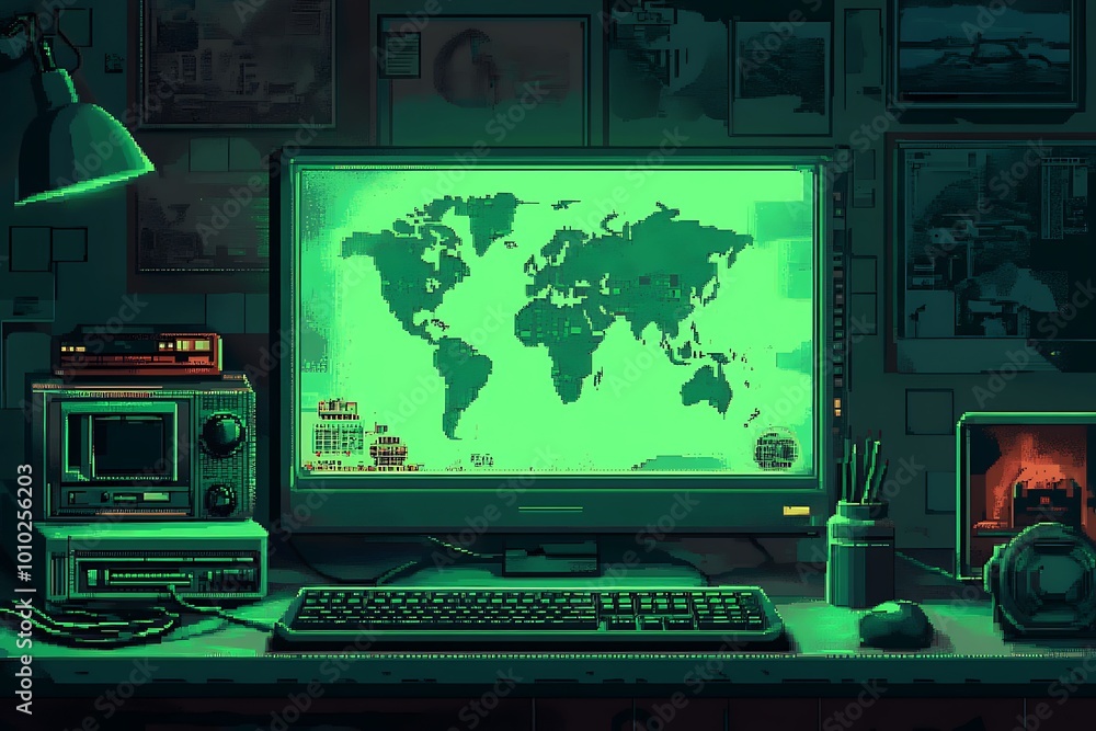 Poster retro green screen computer with world map display, 80s tech aesthetic