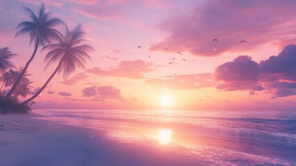 Beautiful sunset over a tropical beach with palm trees swaying in the breeze.