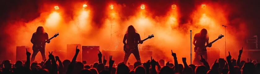 Obraz premium Silhouetted musicians perform on stage with vibrant lights and an excited crowd, capturing the energy of live music.