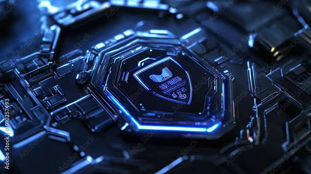Poster cyber security shield embedded in a futuristic circuit board