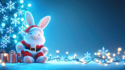 Obraz premium Illustration of a fluffy rabbit dressed as Santa sitting next to a Christmas tree with blue lights, surrounded by glowing snowflakes, leaving the center clear for festive themes
