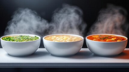 Three bowls of steaming soup on a dark background
