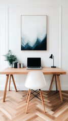Fototapeta premium Minimalist home office with a wooden desk, white chair, and a framed abstract painting.