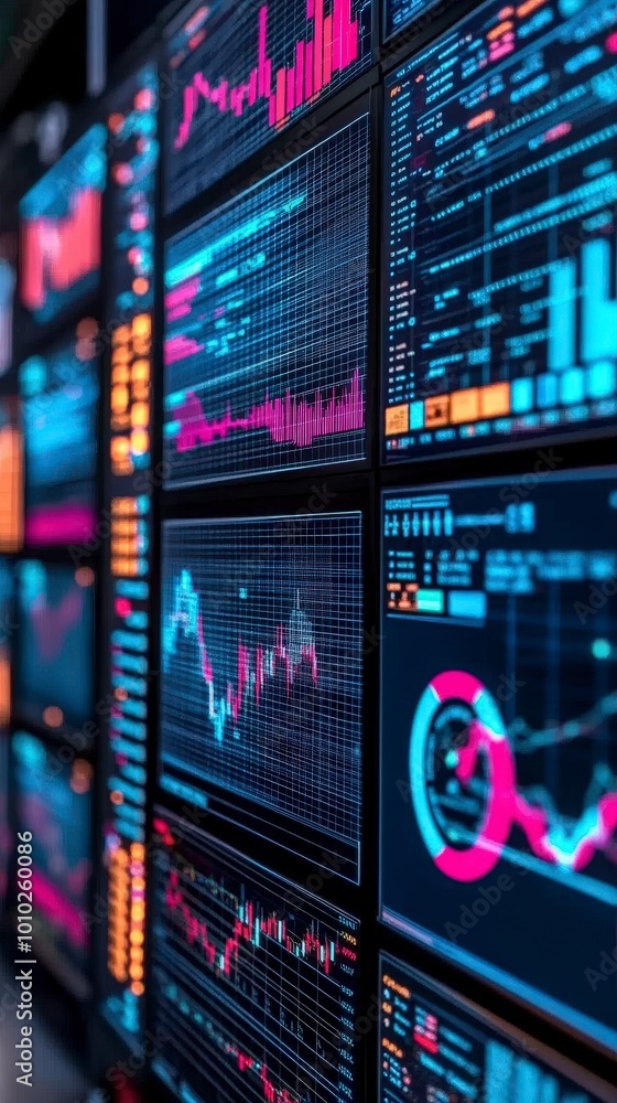 Aufkleber digital screens displaying financial data and analytics in vibrant colors