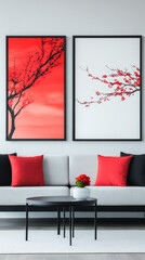 Modern living room with red accents and two framed floral prints.