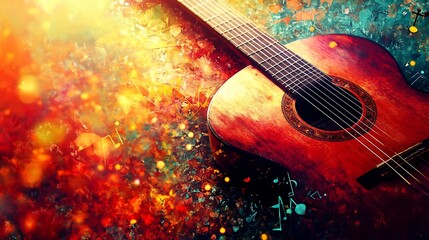 A brown acoustic guitar lies on a colorful background with musical notes scattered around it.