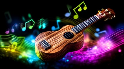 Obraz premium A ukulele with colorful musical notes in the background.