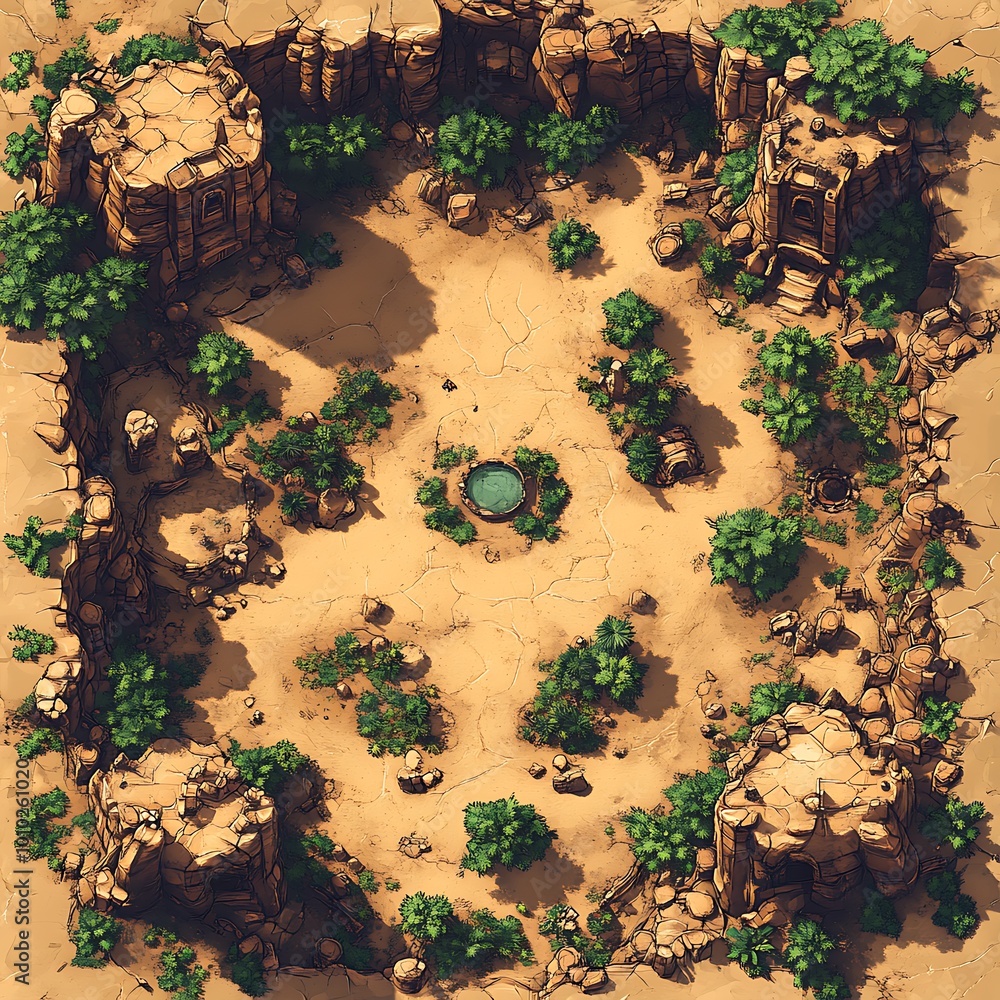 Poster top down view of an oasis in the desert with cliffs surrounding it