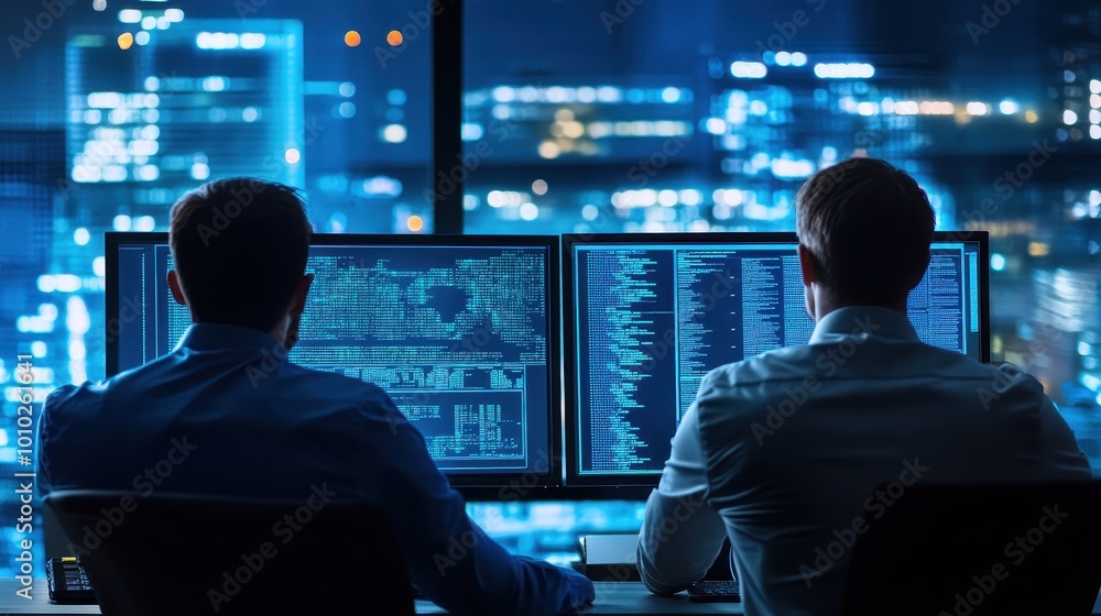 Poster silhouettes of developers working on code in a dark room with city lights