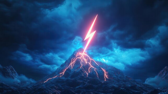 Volcanic eruption with lightning in dramatic dark sky.