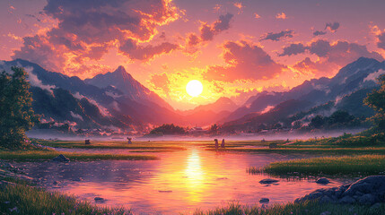 Fototapeta premium Anime-style rice paddies at sunset, terraces reflecting golden light, distant mountains, farmers working, soft pink sky, tranquil and warm, high quality, dusk, distant focal point.