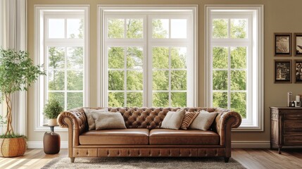 Fototapeta premium Cozy retro living room with a leather couch, beige walls, and clear windows. Natural light brightens the space, featuring vintage furniture and warm, earthy tones