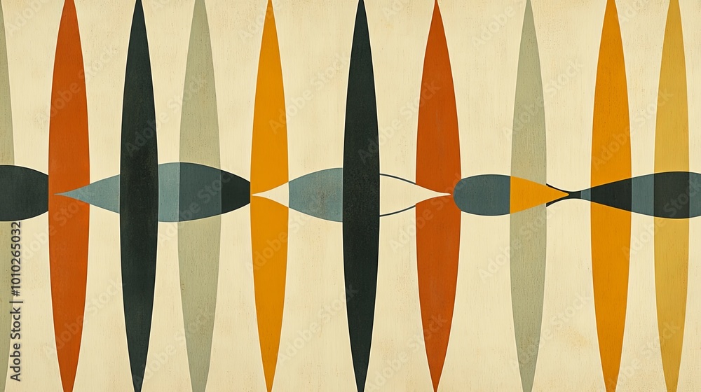 Poster a vibrant abstract design featuring elongated shapes in various colors, creating a rhythmic and harm