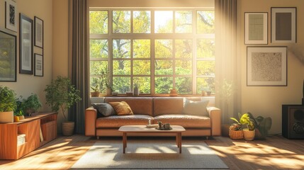 Cozy retro-style living room with a leather sofa, beige walls, and large windows. Warm sunlight,...