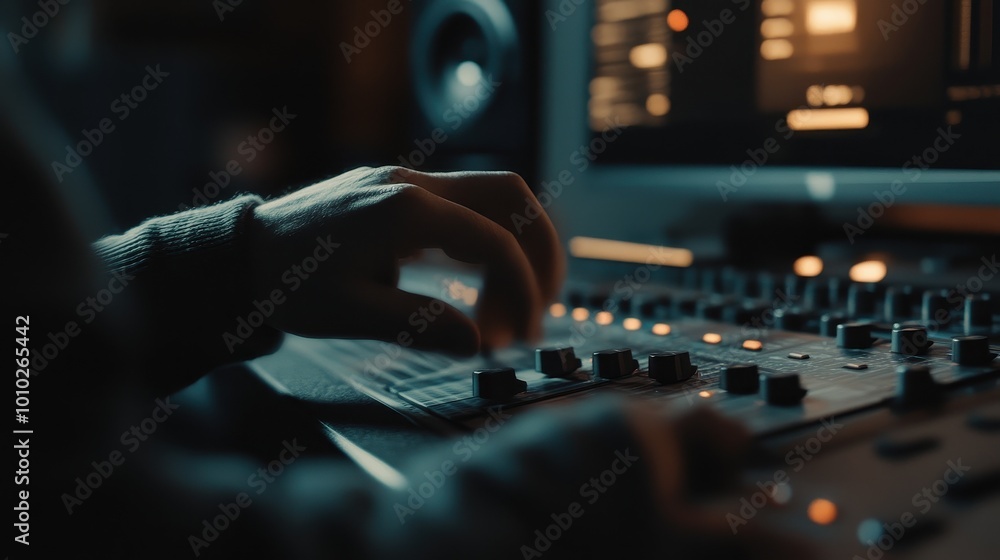 Poster hands adjusting audio mixing console in dark recording studio