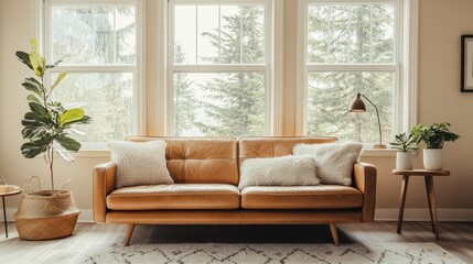 Fototapeta premium Living room with beige walls, leather sofa, and retro decor. Clear windows letting in soft natural light, creating a warm and inviting vintage-style space.