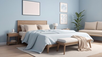 Fototapeta premium A simple bedroom setting with a pastel blue background