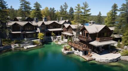Obraz premium A tranquil waterfront estate featuring a sprawling wooden structure with multiple balconies overlooking a secluded, crystal-clear lake, surrounded by lush evergreen trees.