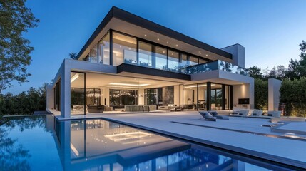 Fototapeta premium Luxury modern home with illuminated swimming pool at twilight, large clear windows reveal a chic, sophisticated interior. Reflections of light on water.