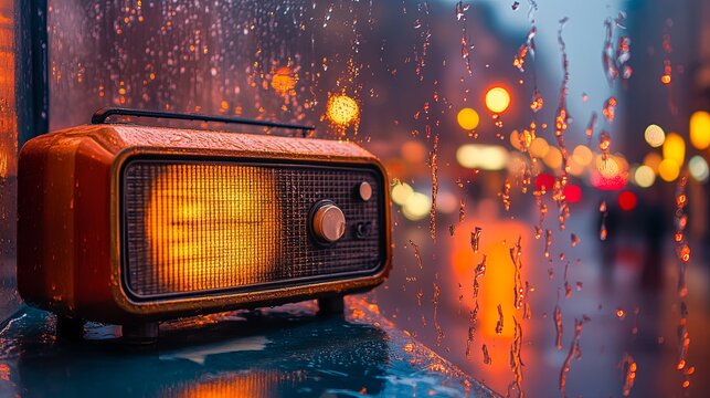 A vintage radio sits on a windowsill, illuminated by a warm glow, with raindrops cascading down the glass, creating a cozy atmosphere.
