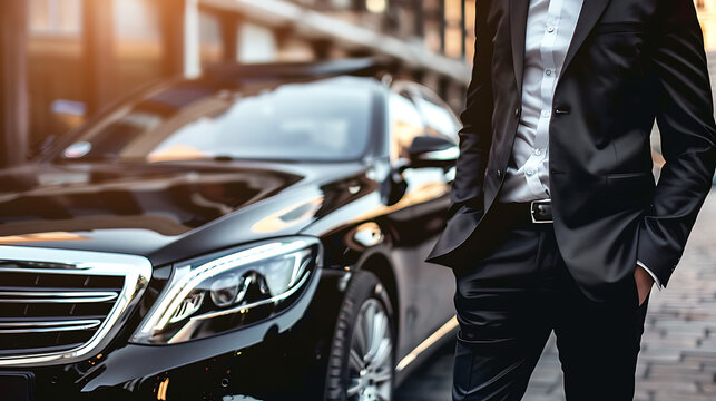 Professional driver near luxury cars