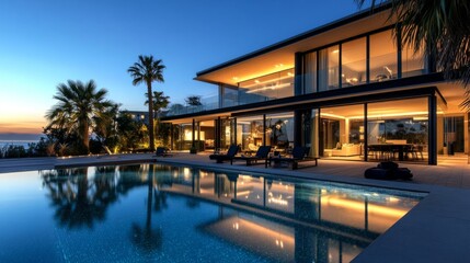 Modern luxury house with private swimming pool at dusk, lights glowing inside, reflecting off the water. Large clear windows reveal stylish interiors.