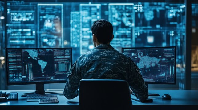 A soldier in camouflage sits at a computer with a world map on the screen.